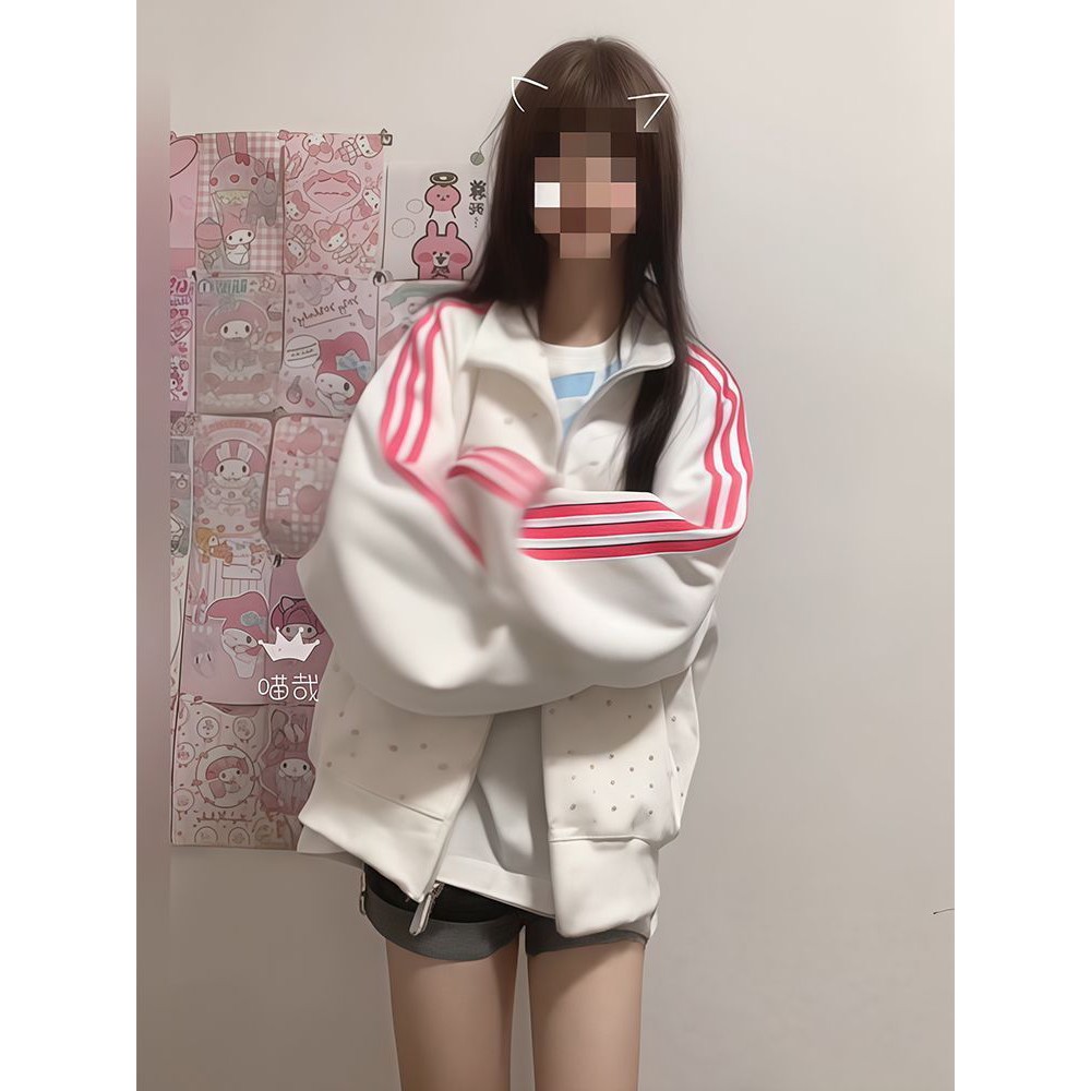 美式复古星星立领拉链外套女秋冬学院风宽松休闲运动童装白色外套