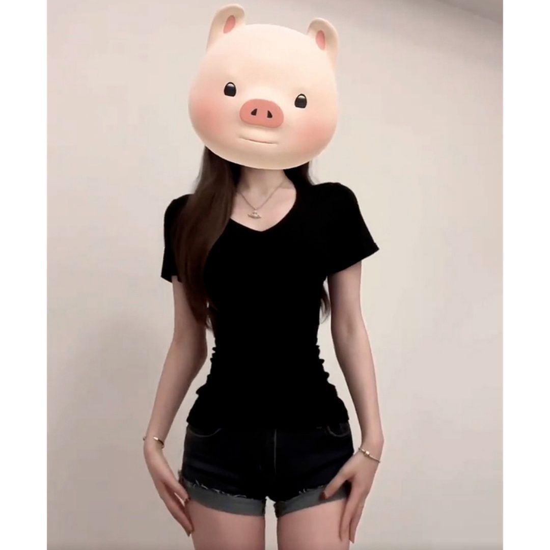 夏季新款黑色上衣修身V领中大童短袖t恤女潮显瘦百搭牛仔短裤套装