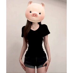 夏季新款黑色上衣修身V领中大童短袖t恤女潮显瘦百搭牛仔短裤套装