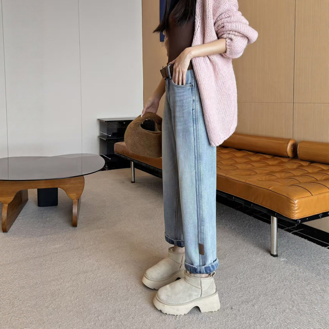 冬新款浅蓝色加绒加厚直筒牛仔裤女九分高腰显瘦小个子窄版法棍裤