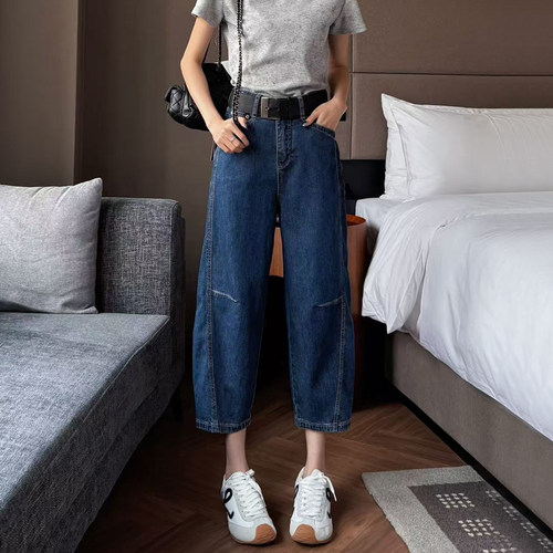 阔腿牛仔裤女八分小个子弯刀裤
