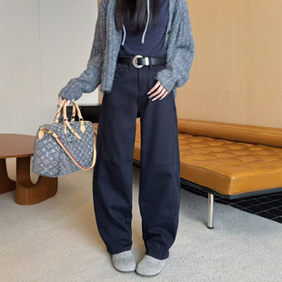 2025冬季新款藏青色加绒加厚阔腿牛仔裤女弯刀宽松高腰长裤拖地裤