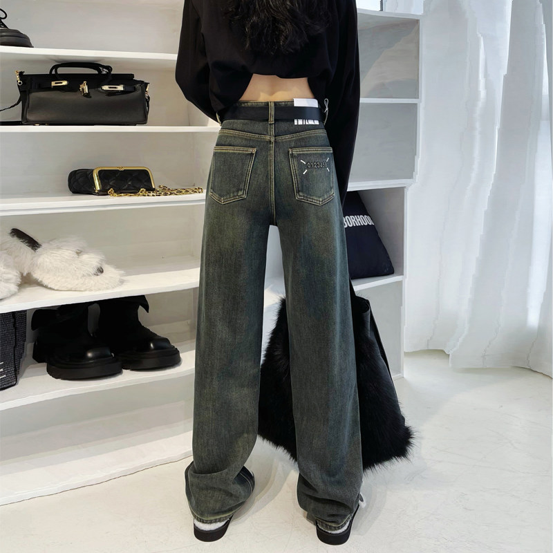 欧货秋冬新款复古蓝色阔腿牛仔裤女加绒高腰显瘦窄版直筒裤拖地裤