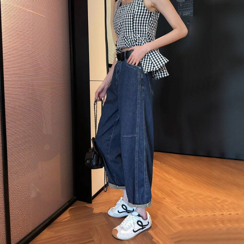2026春夏新款普洗蓝哈伦牛仔老爹裤女宽松高腰薄款休闲九分萝卜裤