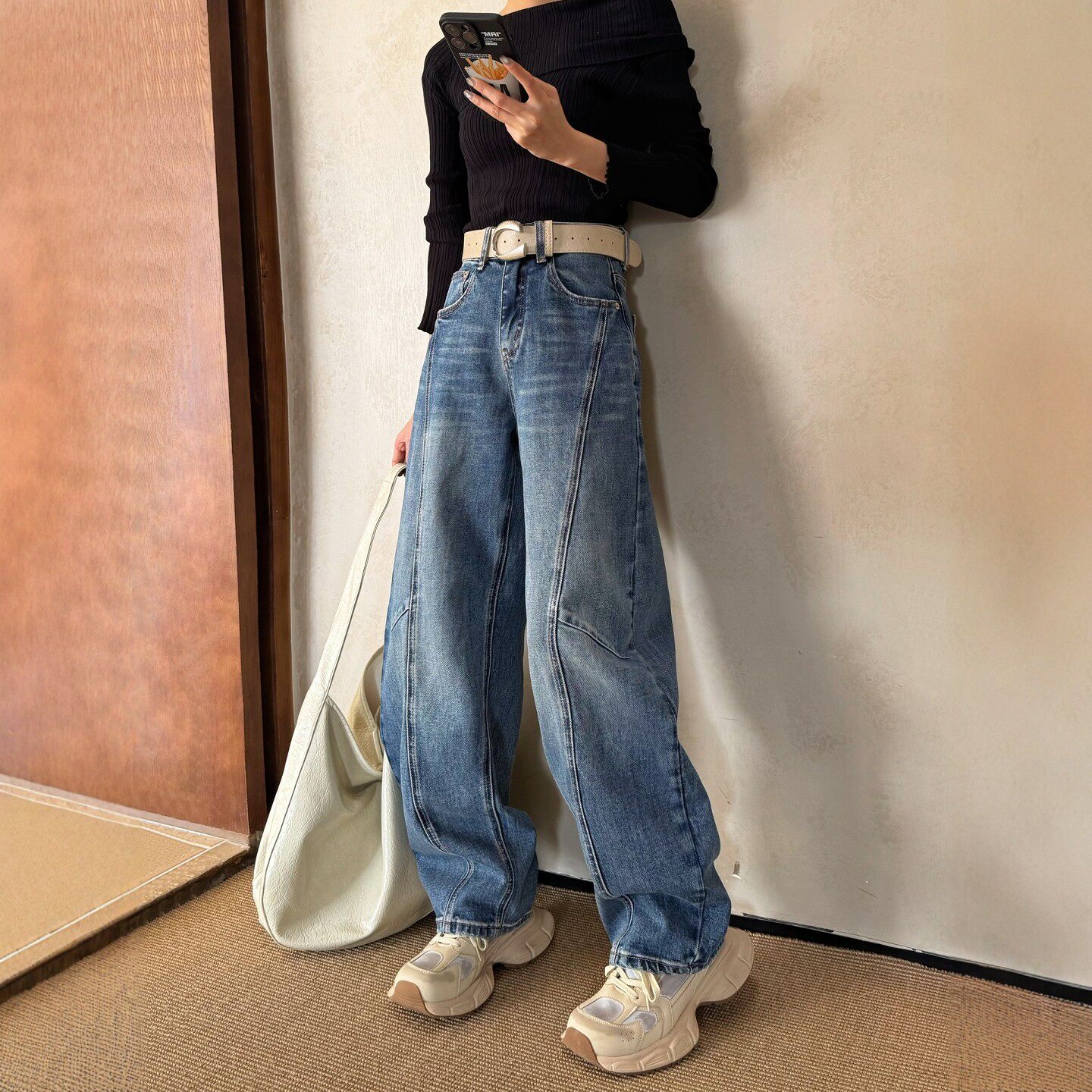 2026春季新款蓝色阔腿牛仔裤女宽松高腰高个子长裤休闲弯刀拖地裤