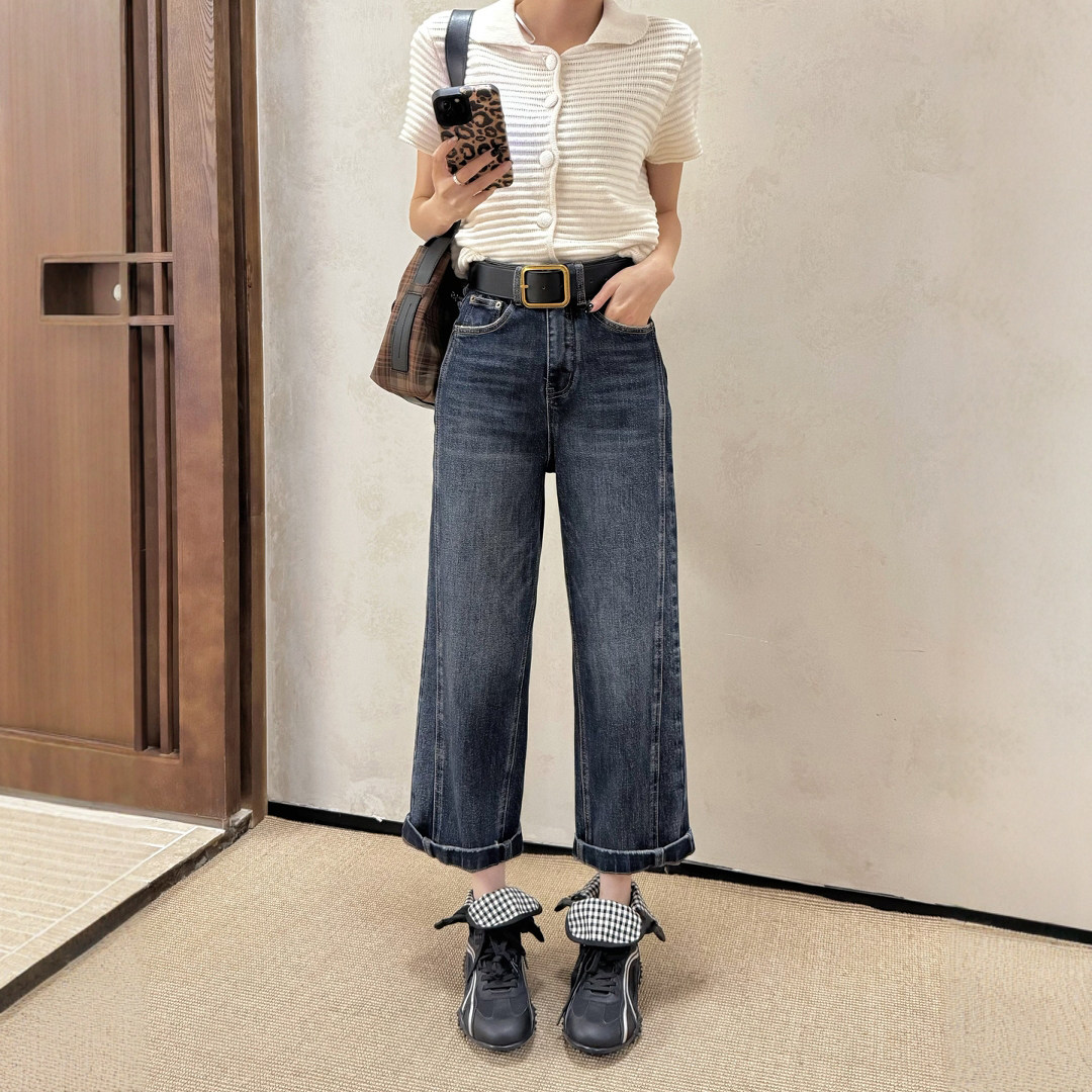 2025秋冬新款蓝色阔腿牛仔裤女宽松高腰九分小个子窄版直筒法棍裤