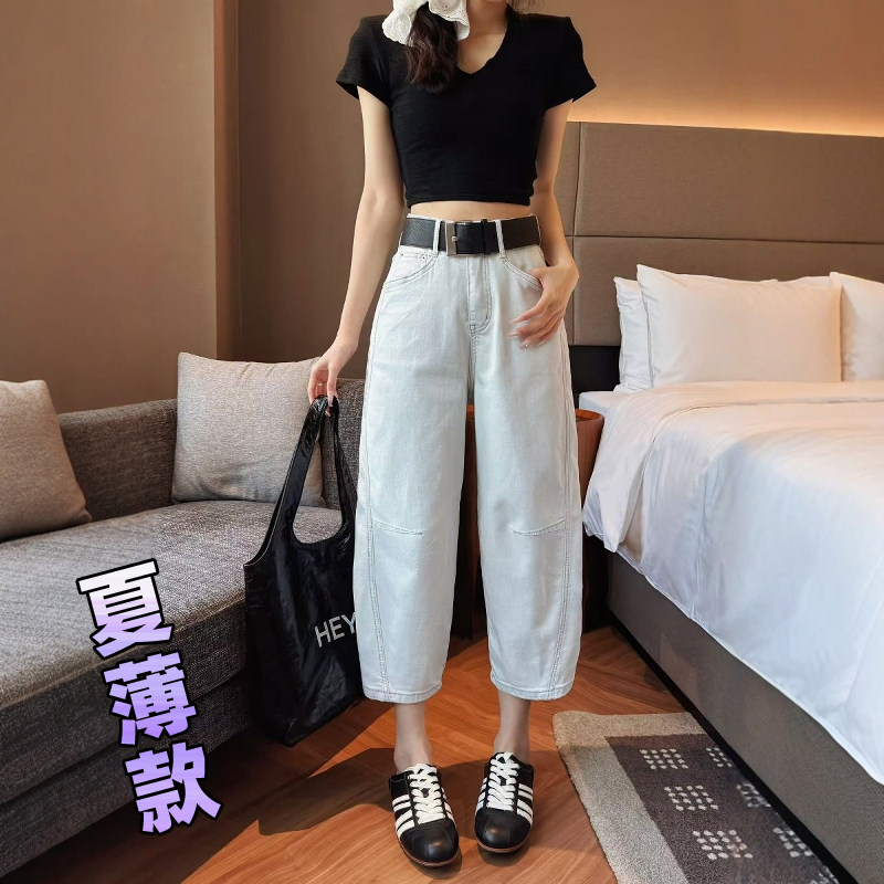 夏季薄款浅灰阔腿弯刀牛仔裤女