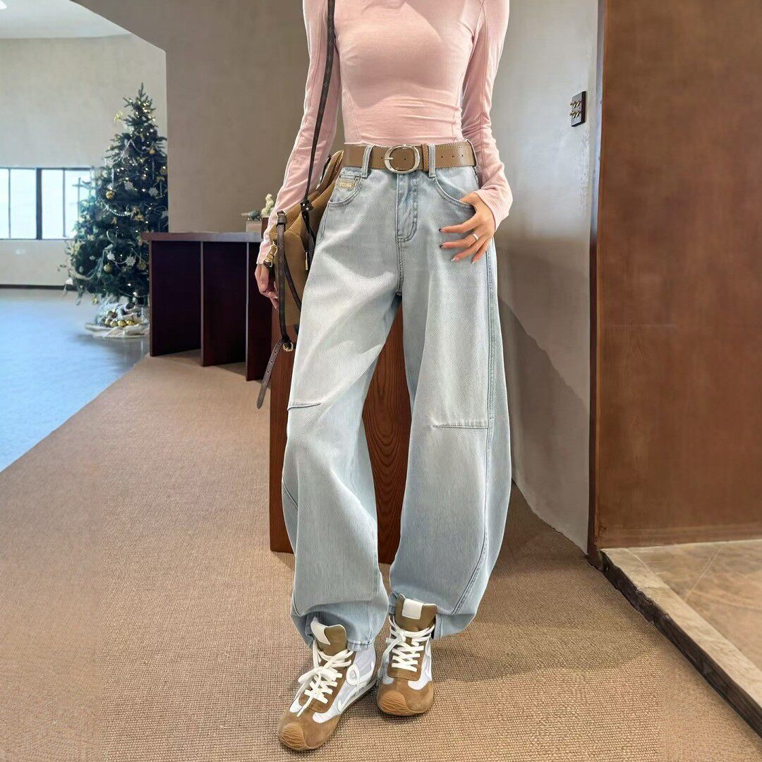春季浅蓝色阔腿牛仔裤女宽松高腰显瘦垂感高个子长裤弯刀裤拖地裤