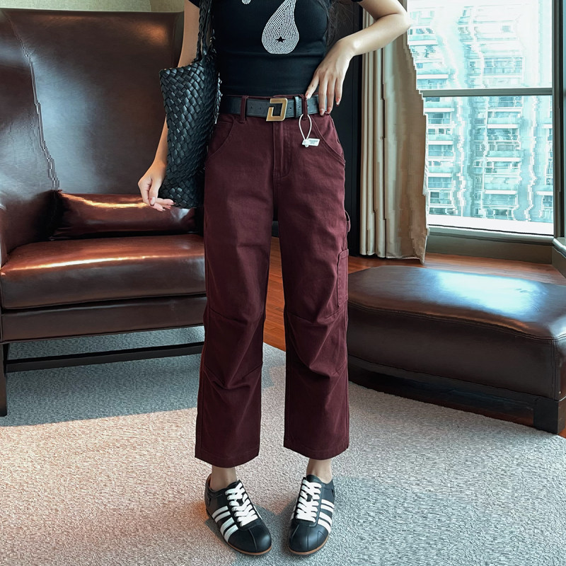 2025春秋新款酒红色阔腿牛仔裤女宽松高腰八九分休闲工装裤直筒裤
