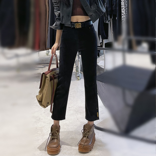 欧货2025冬季新款加绒牛仔烟管裤女黑色高腰显瘦八分小个子直筒裤