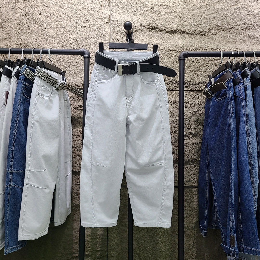 2025夏新款灰色阔腿牛仔裤女宽松高腰薄款八分小个子弯刀裤哈伦裤