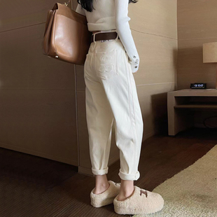 新款 子垮裤 杏色加绒牛仔萝卜裤 高腰休闲哈伦老爹裤 女宽松大码 冬季