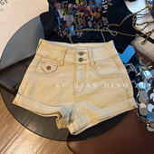 显瘦a字热裤 洋气款 复古辣妹高腰修身 女夏季 外穿 卡其色牛仔短裤