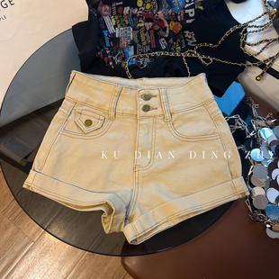显瘦a字热裤 洋气款 复古辣妹高腰修身 女夏季 外穿 卡其色牛仔短裤