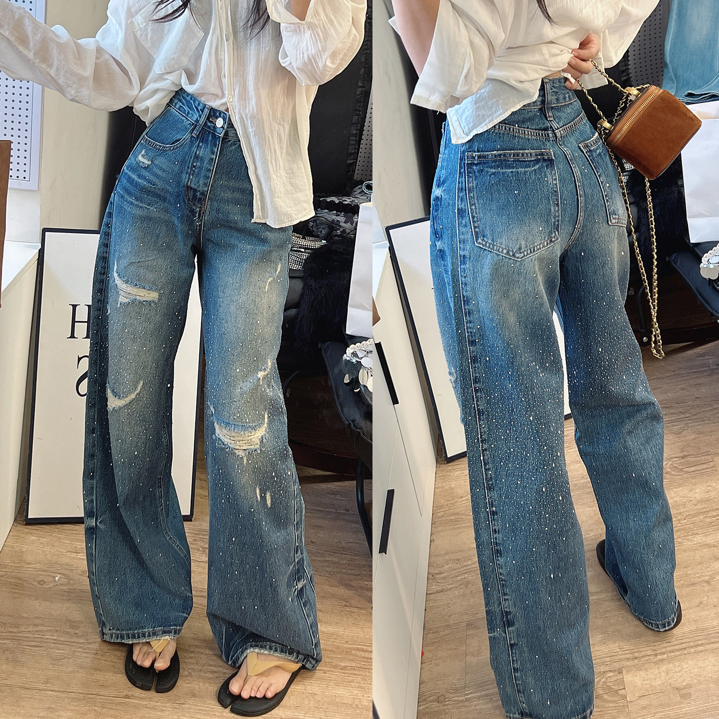 假破洞阔腿牛仔裤女设计感爆闪星河阔腿裤春季新款高腰宽松拖地裤,女装/女士精品,牛仔裤,淘宝优惠券,粉丝福利购,淘宝优惠卷
