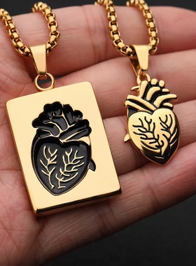 Temu爆款情侣项链心脏造型珠链摇滚风格吊坠情侣项链现货