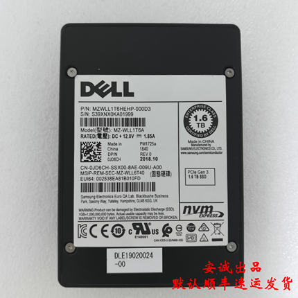 Dell 0JD6CH 1.6T SSD SAS 12G  PCIe Gen3 MZ-WLL1T6A NVME硬盘