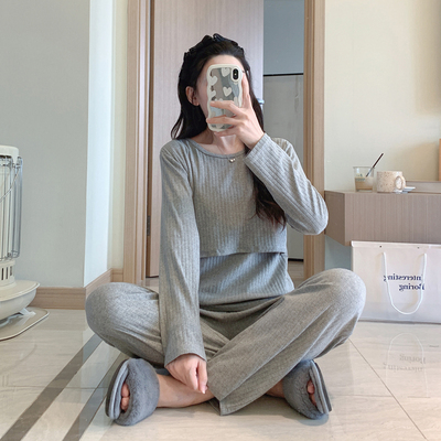 纯棉坑条棉春秋冬哺乳睡衣