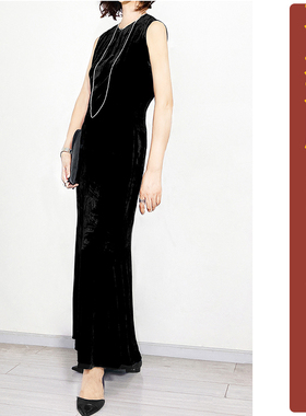 QW83夏季真丝绒无袖改良旗袍鱼尾长裙纸样新款连衣裙加工定制图纸