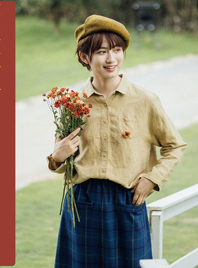 NS180班服杏黄色长袖衬衫纸样人气复古宽松日系麻上衣汉服定制图