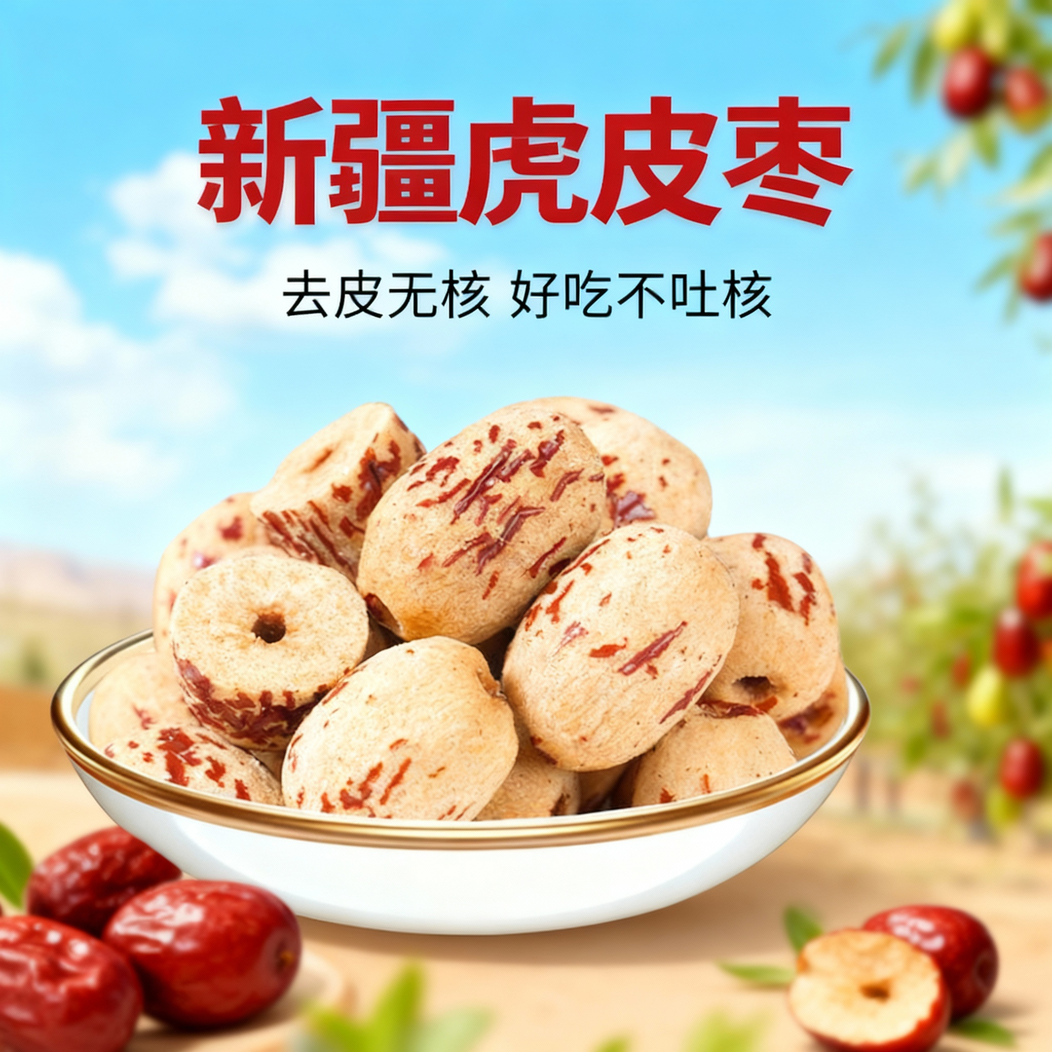 新疆虎皮枣去皮去核红枣辅食脱皮无皮无核红枣新疆灰枣特产特枣子