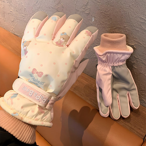 米色可爱小熊滑雪手套女冬季