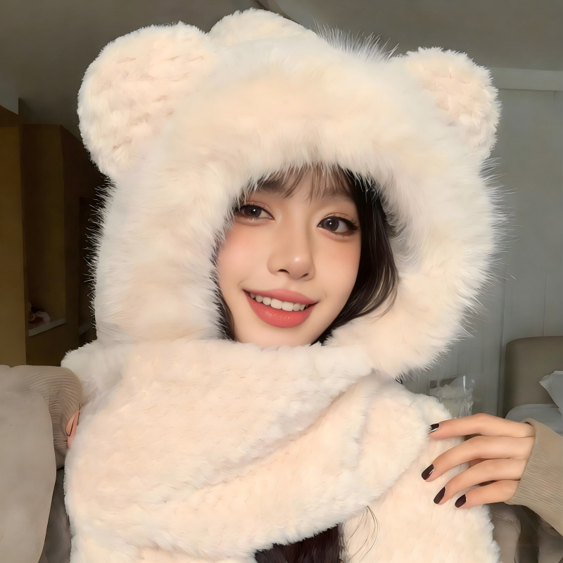 小熊毛绒帽子围巾一体女款秋冬季手套三件套冬天保暖2025新款儿童