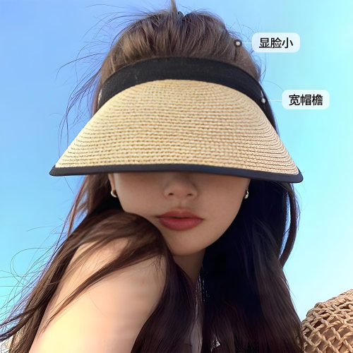 空顶防晒帽子女夏季黑胶草帽