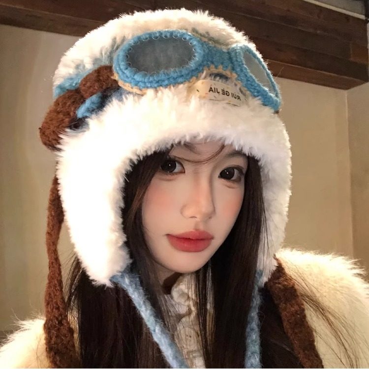 复古风眼镜飞行帽子女冬季护耳毛绒帽保暖防寒针织毛线雷锋帽女士