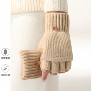 翻盖手套男冬天保暖学生加厚毛线半指写字女五指触屏针织手套防寒