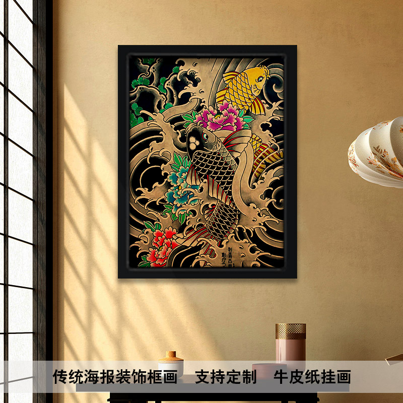 复古牛皮纸海报框画日式装饰画传统纹身店壁画墙画锦鲤鱼精品挂画图片