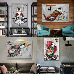 日式浮世绘纹身店背景墙猫挂旗挂布装饰背景布厚绒布宿舍床头墙布