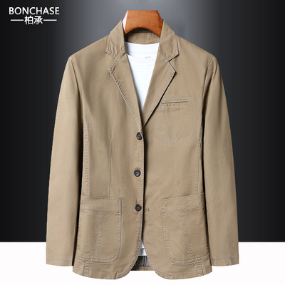 2024秋季休闲西装男宽松大码纯棉工装水洗小西服便服单西商务外套