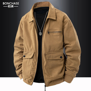 秋冬季户外外套男宽松大码条绒休闲上衣爸爸装休闲灯芯绒翻领夹克