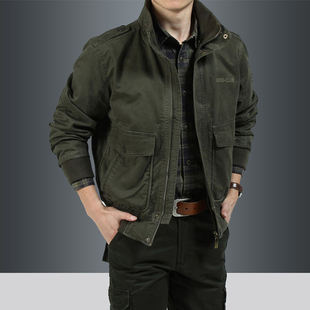 夹克上衣 宽松户外休闲多袋工装 外套男中年春秋大码 纯棉立领茄克衫