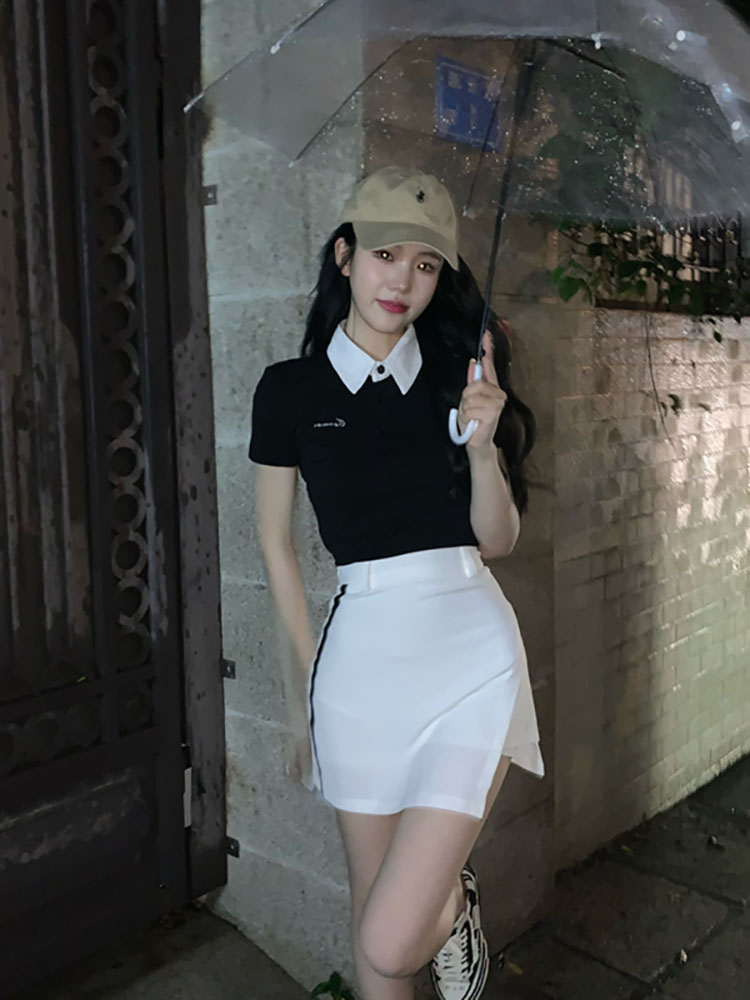 韩版高尔夫球服装女polo衫短款t恤高腰紧身包臀短裙golf两套装ins