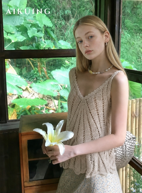AIKUING度假风钩花镂空吊带背心女夏V领叠穿显瘦针织上衣外搭