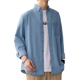 AF水洗蓝休闲软牛仔衣衬衫男士长袖浅蓝色薄款春秋季高端天丝衬衣