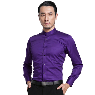 HN高档丝光棉中华立领深紫色衬衫男士长袖纯棉竖领圆领全棉寸衬衣