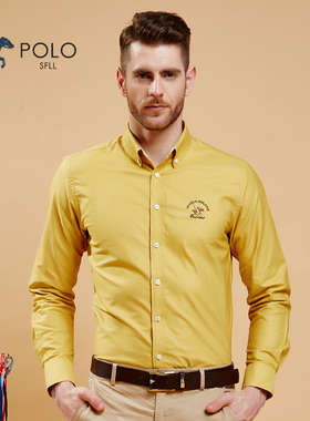 保罗纯棉牛津纺男士长袖衬衫姜黄色商务休闲全棉修身春秋季寸衬衣