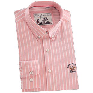 保罗纯棉休闲粉色条纹男士长袖衬衫春秋季粉红色粉白时尚全棉衬衣