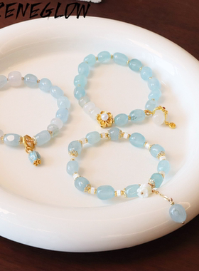 甜美森系仙女风小清新优化海蓝宝水晶手链轻奢手作设计石英石手链