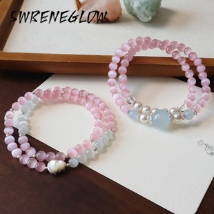 粉色猫眼石串珠手串女小众精致高级感叠戴手链2025新款闺蜜手饰品