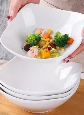 纯白简约四角盘子深碗家用高颜值陶瓷菜碗盘沙拉碗深汤盘可微波炉