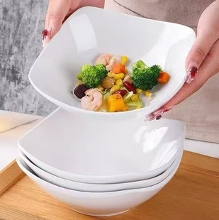 纯白简约四角盘子深碗家用高颜值陶瓷菜碗盘沙拉碗深汤盘可微波炉