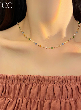新款彩色水晶串珠项链女锁骨链夏小众设计感简约choker颈链