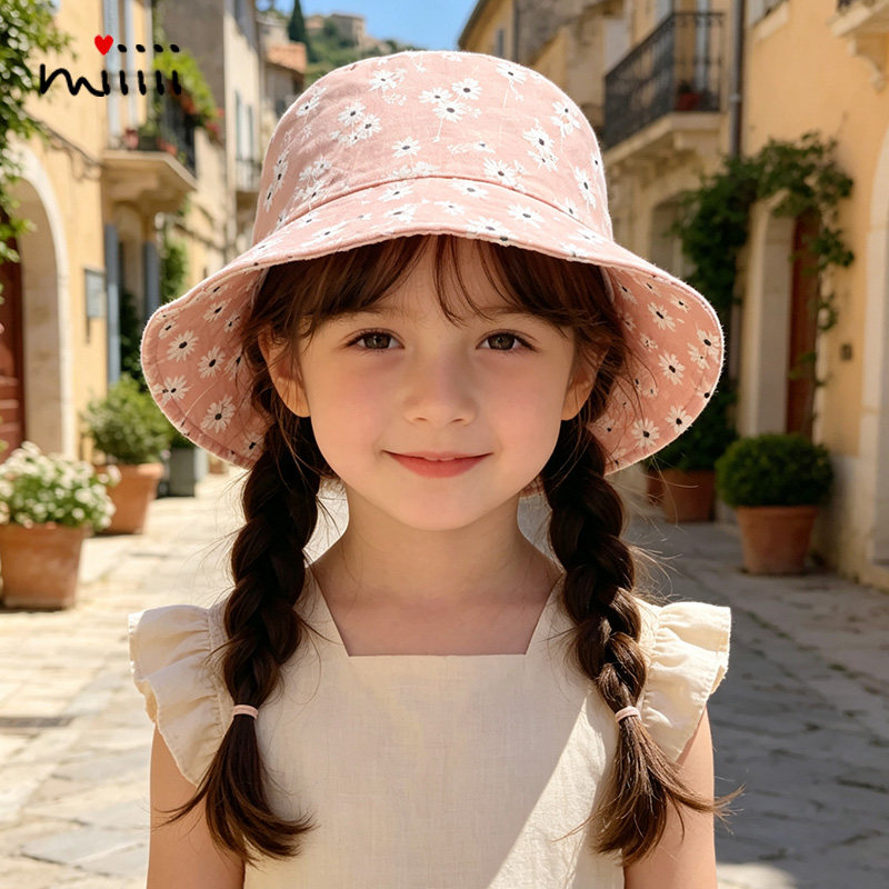 春夏女宝宝帽子薄款法式花朵休闲透气纯棉小孩儿童渔夫遮阳防晒帽