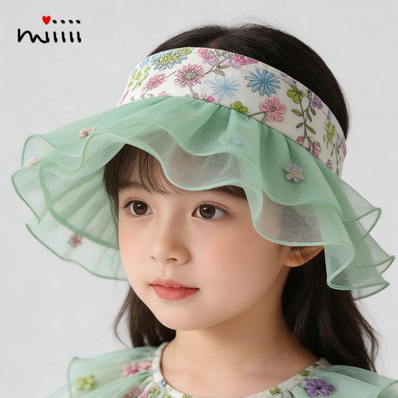 女童帽子夏季遮阳印花网纱花朵纯棉小孩儿童女宝宝婴幼防晒凉帽子