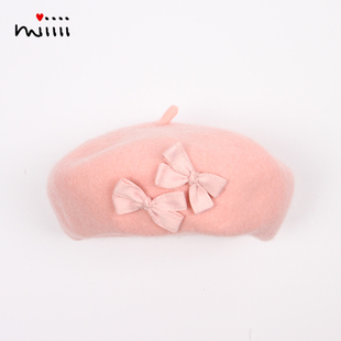 女童贝雷帽秋冬季毛呢蝴蝶结粉色大童成人亲小孩宝宝公主画家帽子