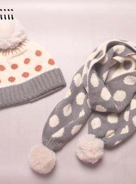 女童帽子围巾套装灰色波点绒球款4-6岁洋气保暖围脖毛线帽两件套